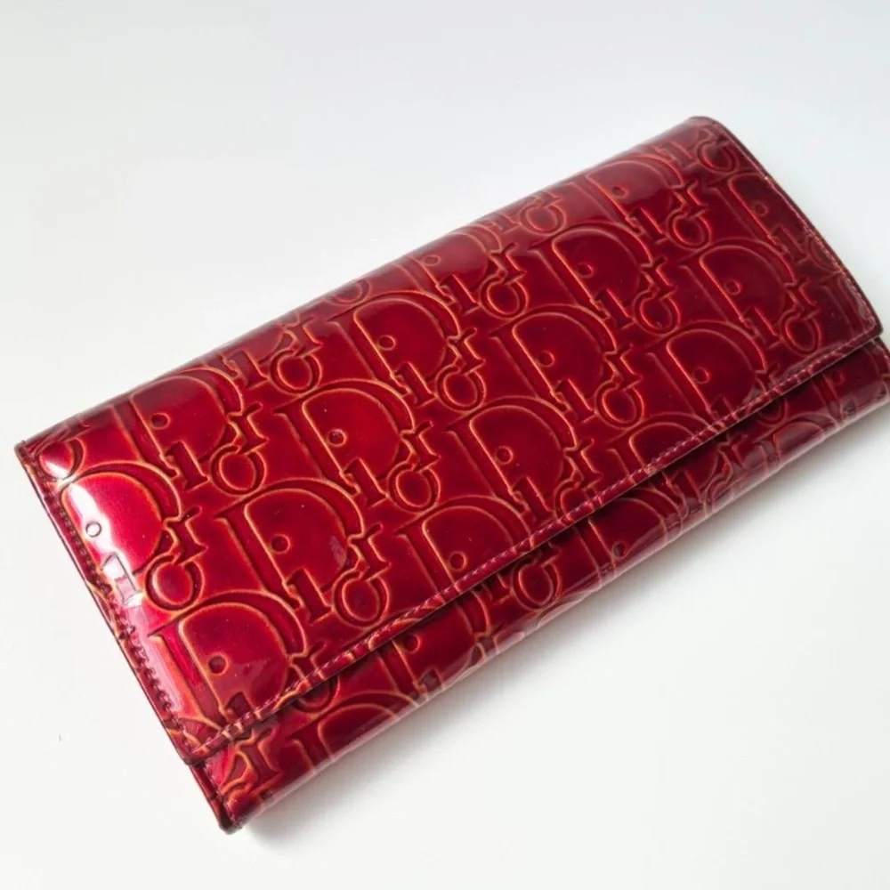 Dior Red Embossed Patent Leather Continental Wallet
